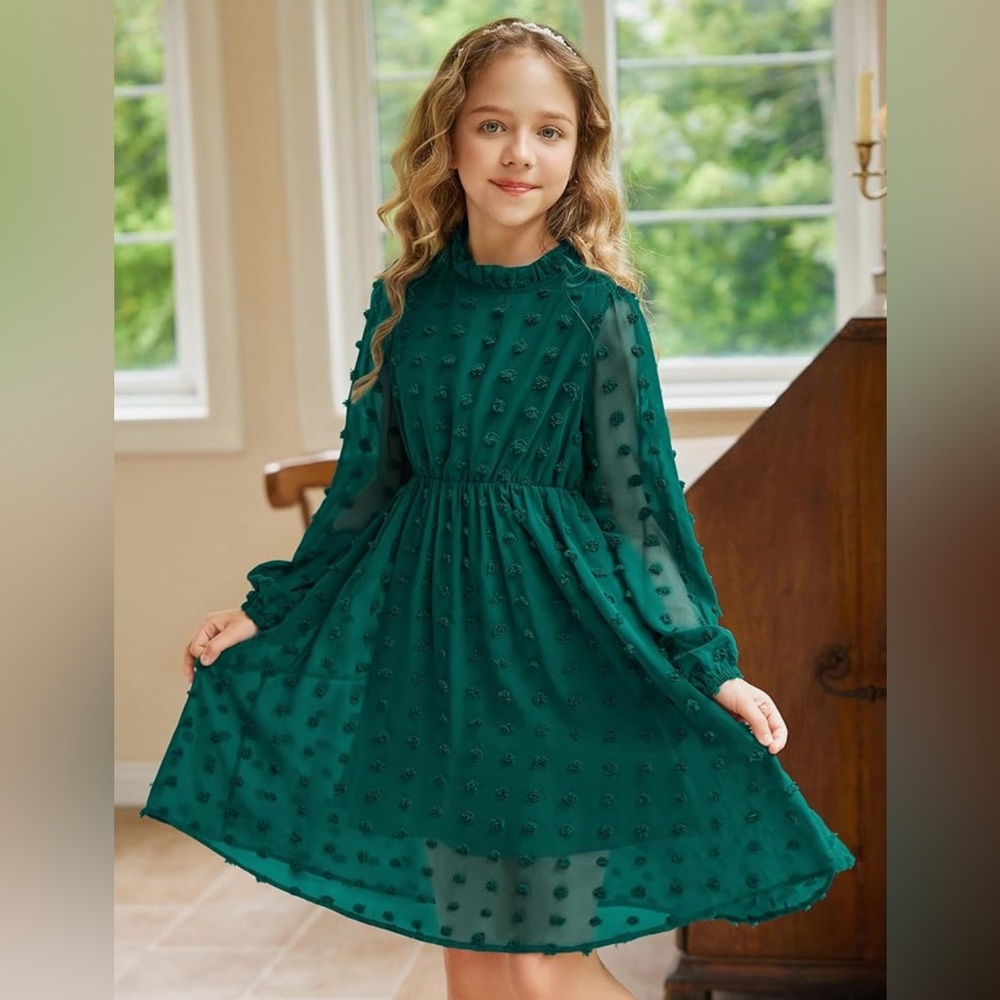Flypigs Girls Midi Swiss Dot Flared Sleeve Ruffle Collar Party Dress Casual
